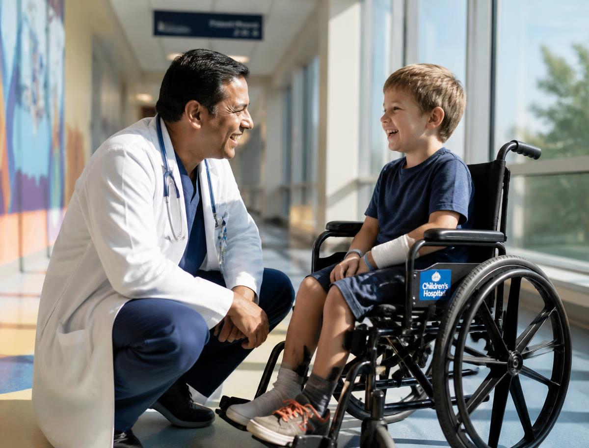 A doctor talking with a child using a wheelchair