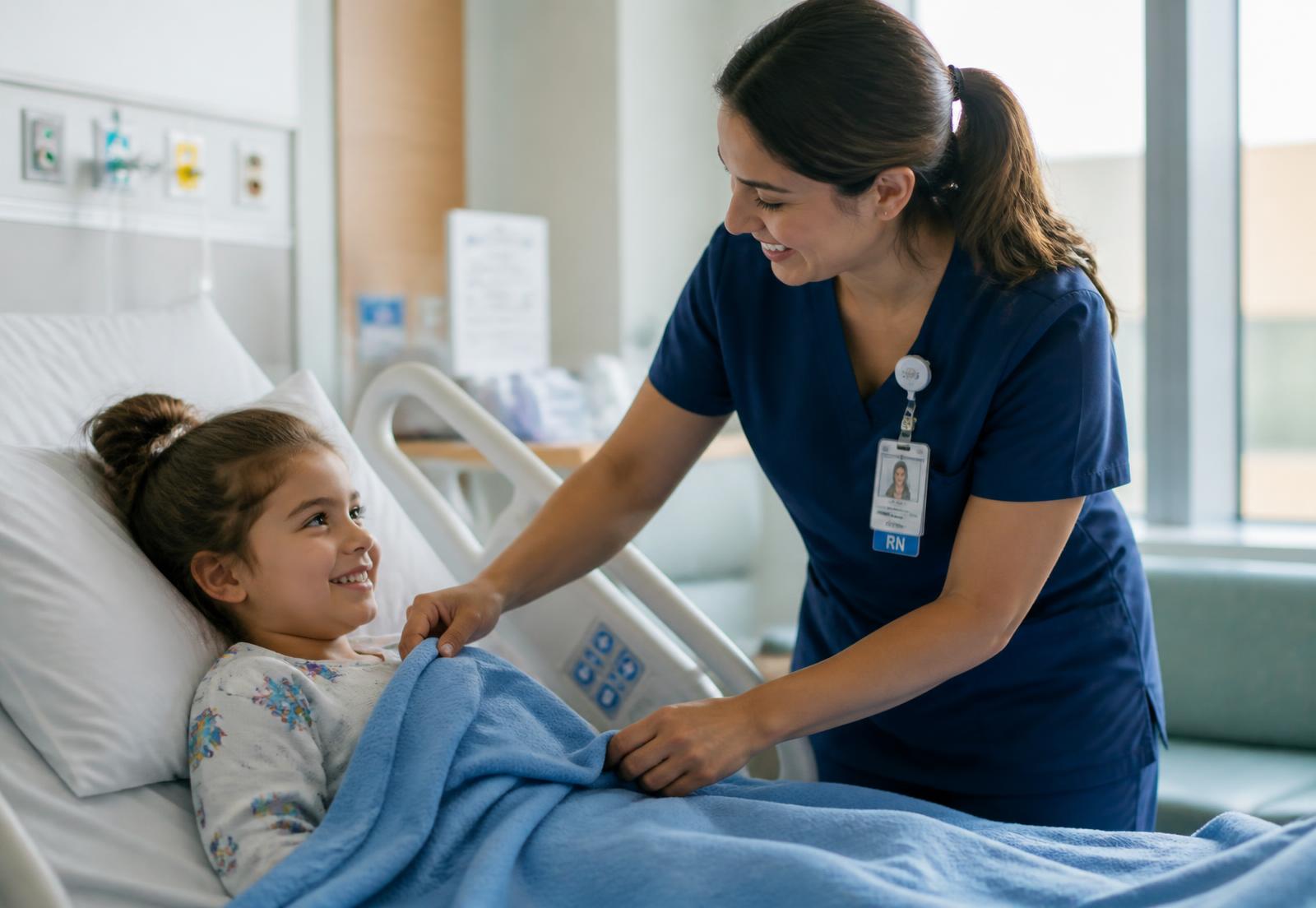 A nurse comforting a young patient in a hospital room